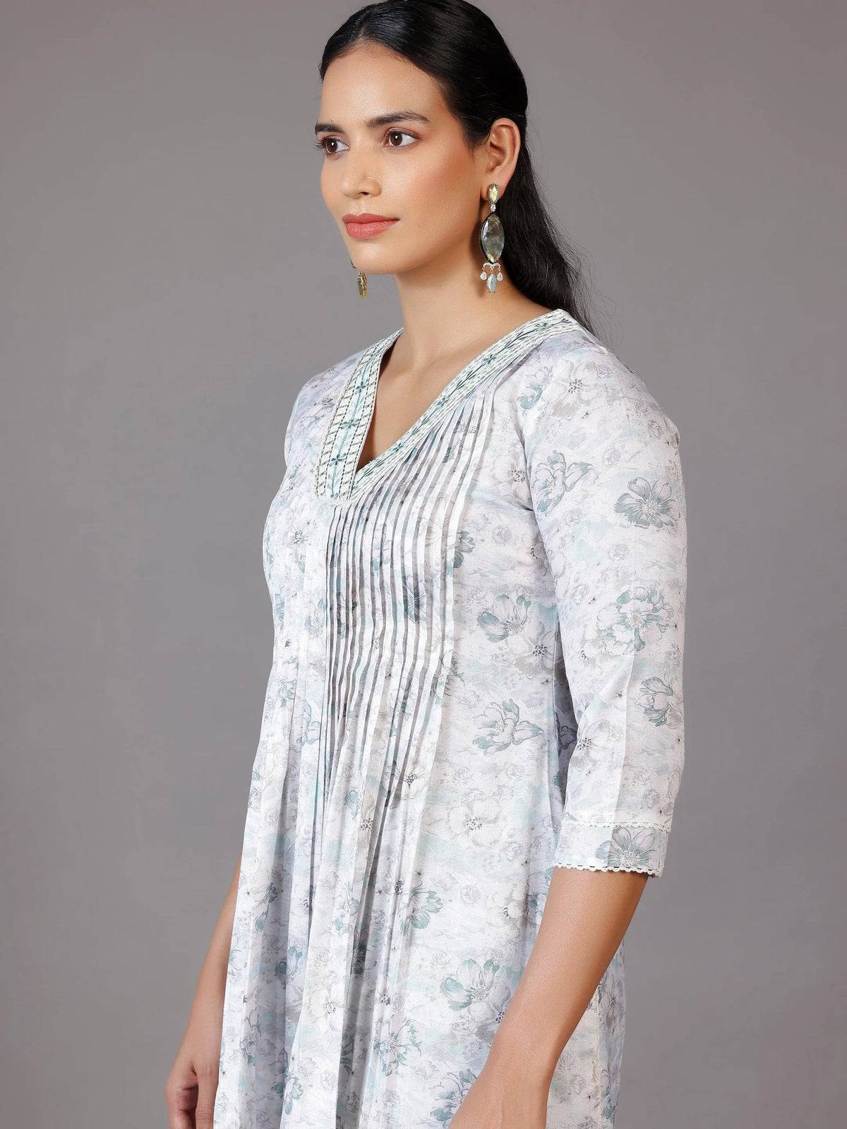 Anouk Off White Printed Cotton Blend A-Line Kurta With Palazzos & Dupatta