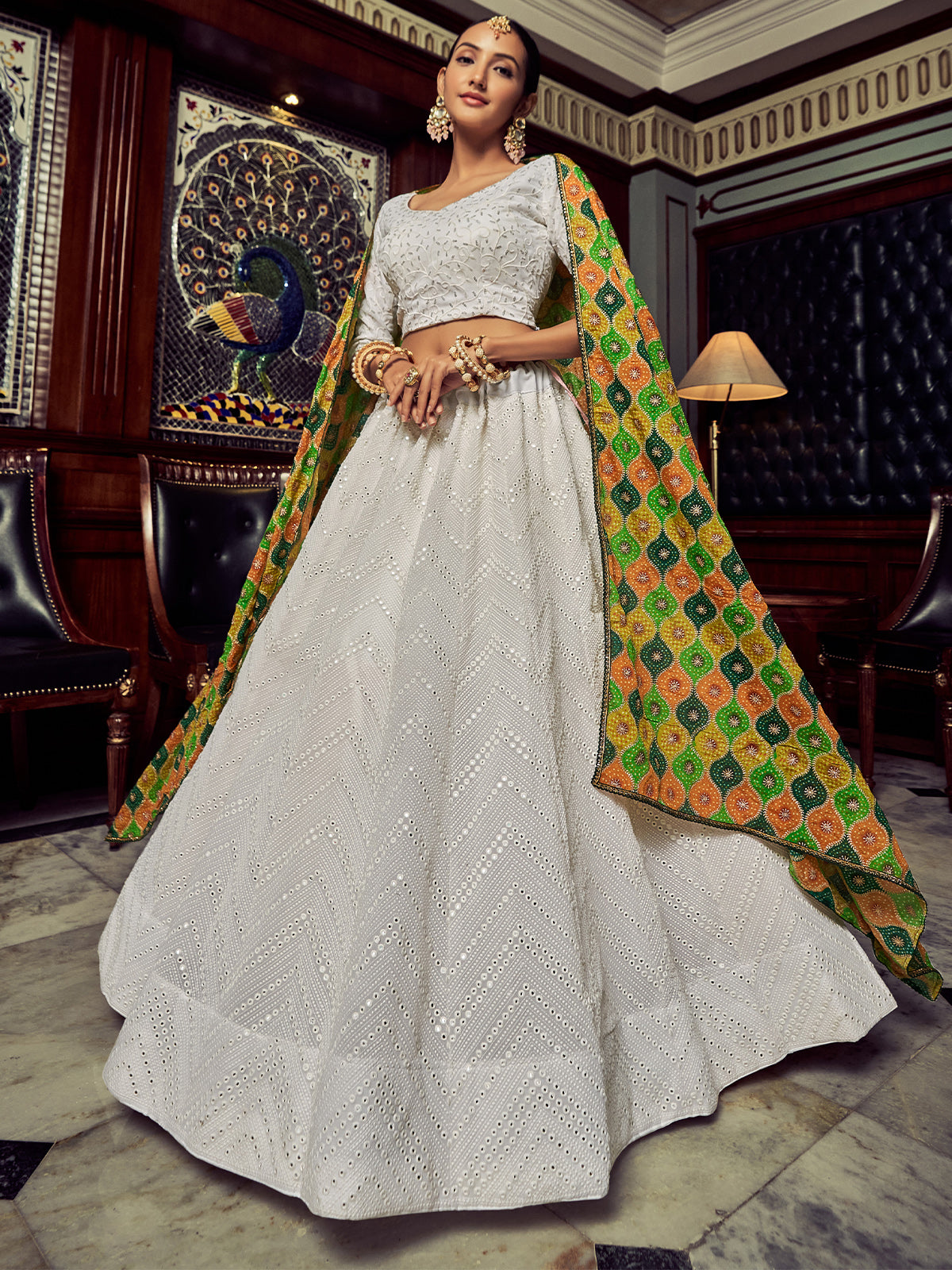 White Embroidered Georgette Semi Stitched Lehenga With Blouse Piece