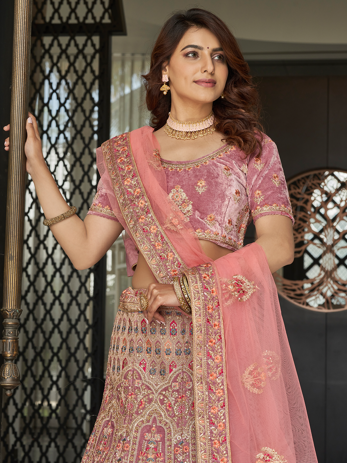 Lilac Velvet Semi Stitched Lehenga With Unstitched Blouse
