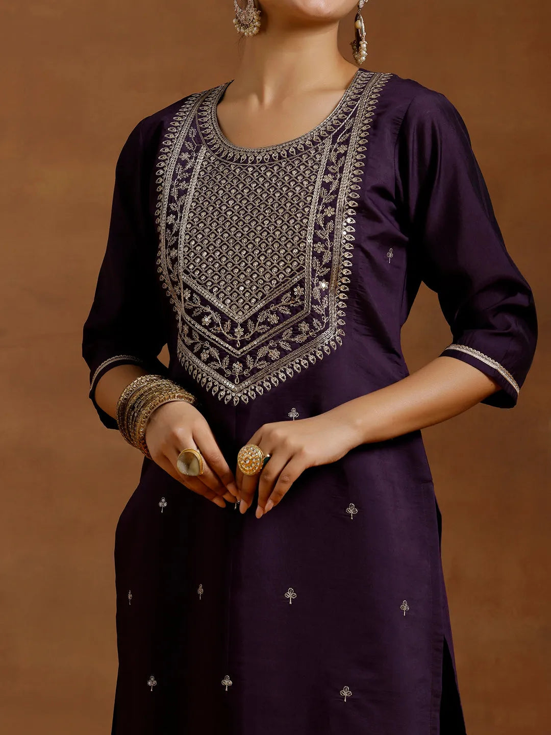 Anouk Purple Yoke Design Silk Blend Straight Suit With Dupatta