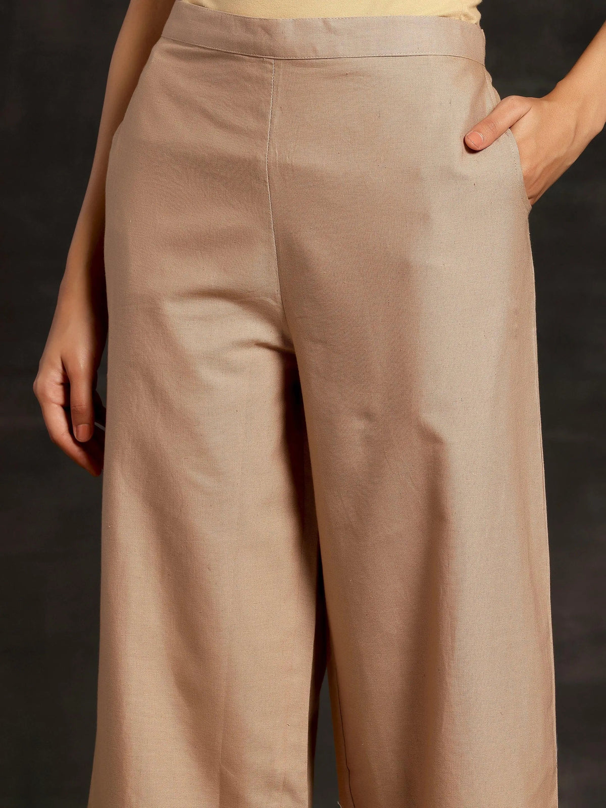 Anouk Beige Solid Cotton Wide Leg Palazzos