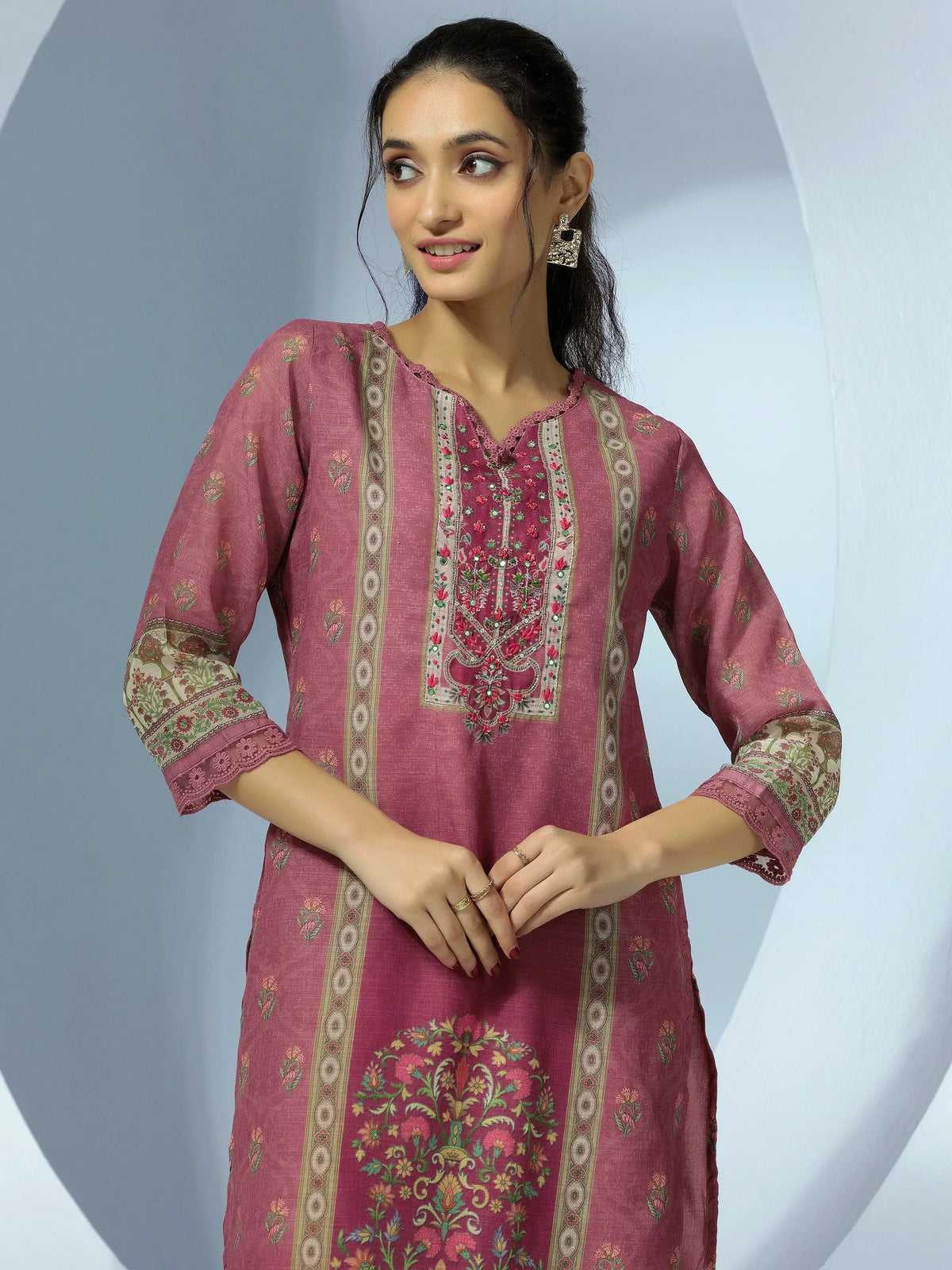 Anouk Mauve Printed Cotton Blend Straight Suit With Dupatta