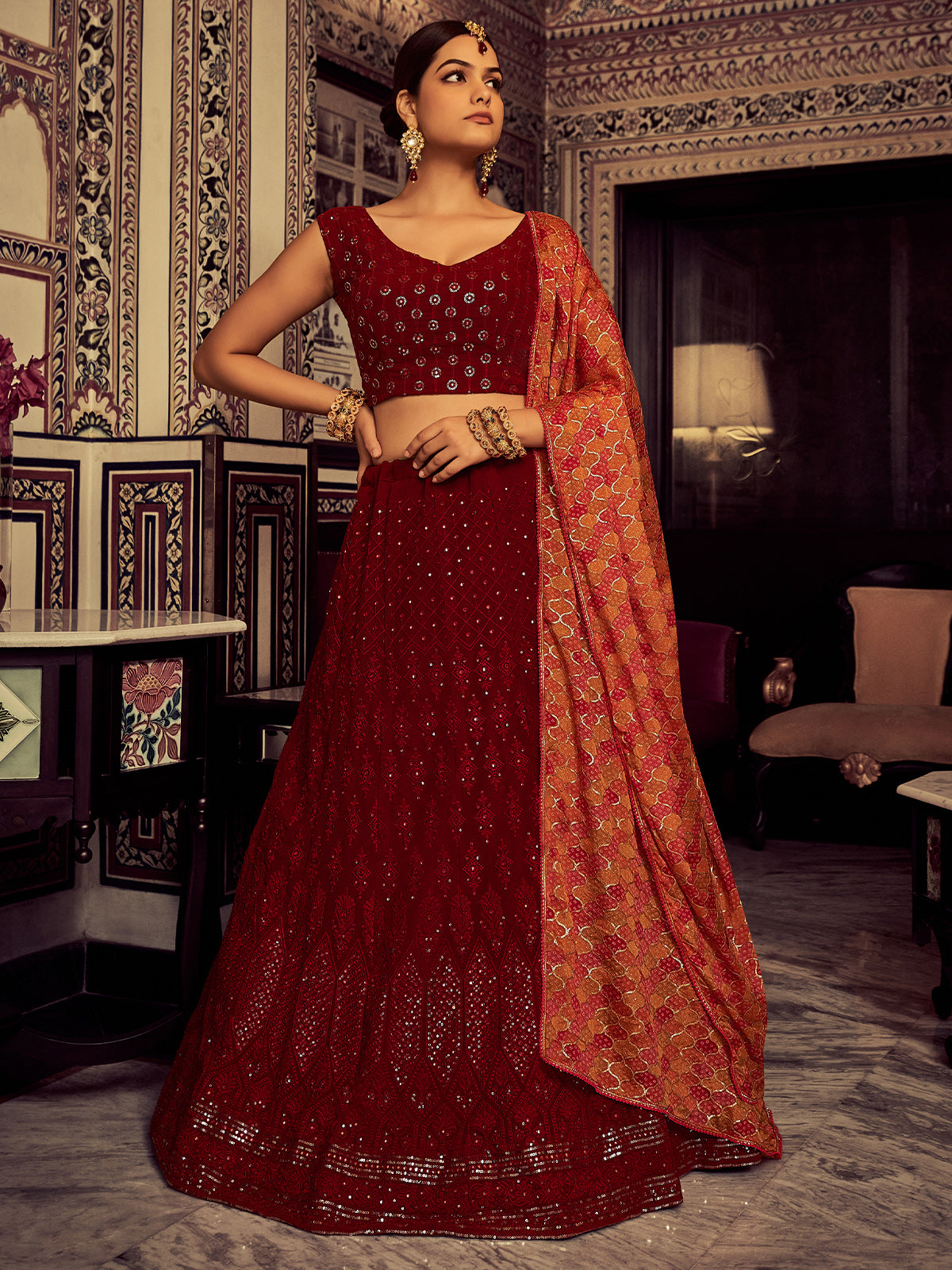 Stylish Maroon Embroidered Georgette Semi Stitched Lehenga With Blouse Piece