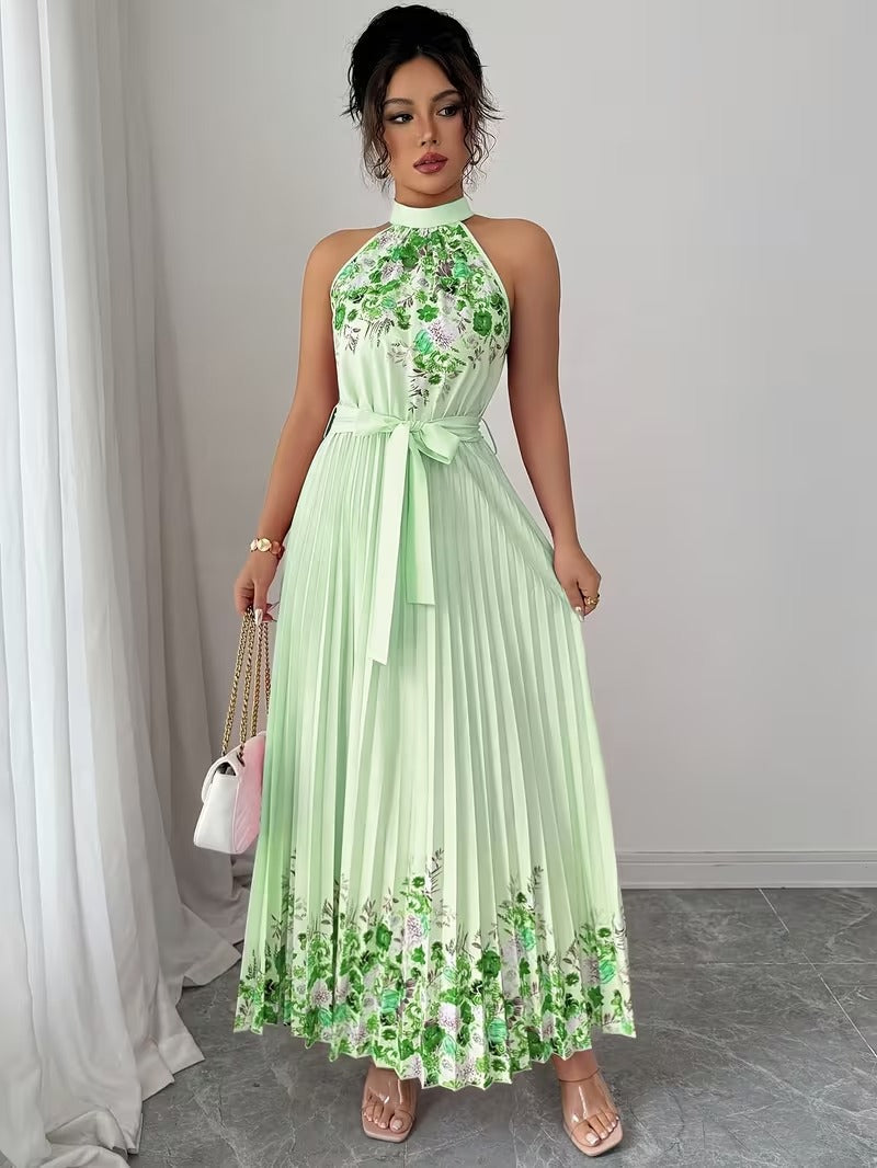 Elegant Floral Halter Neck Pleated Dress – Stylish & Comfortable Summer Outfit for Women