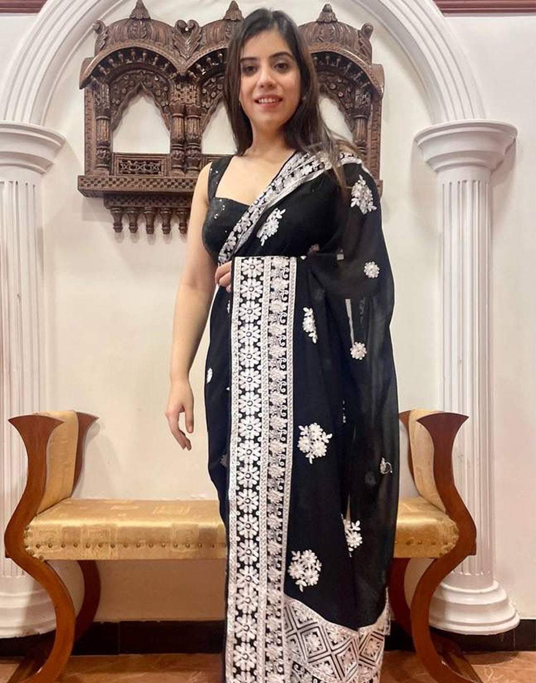 Black Georgette Saree with Beautiful Lucknowi Work and Silk Blouse for Wedding