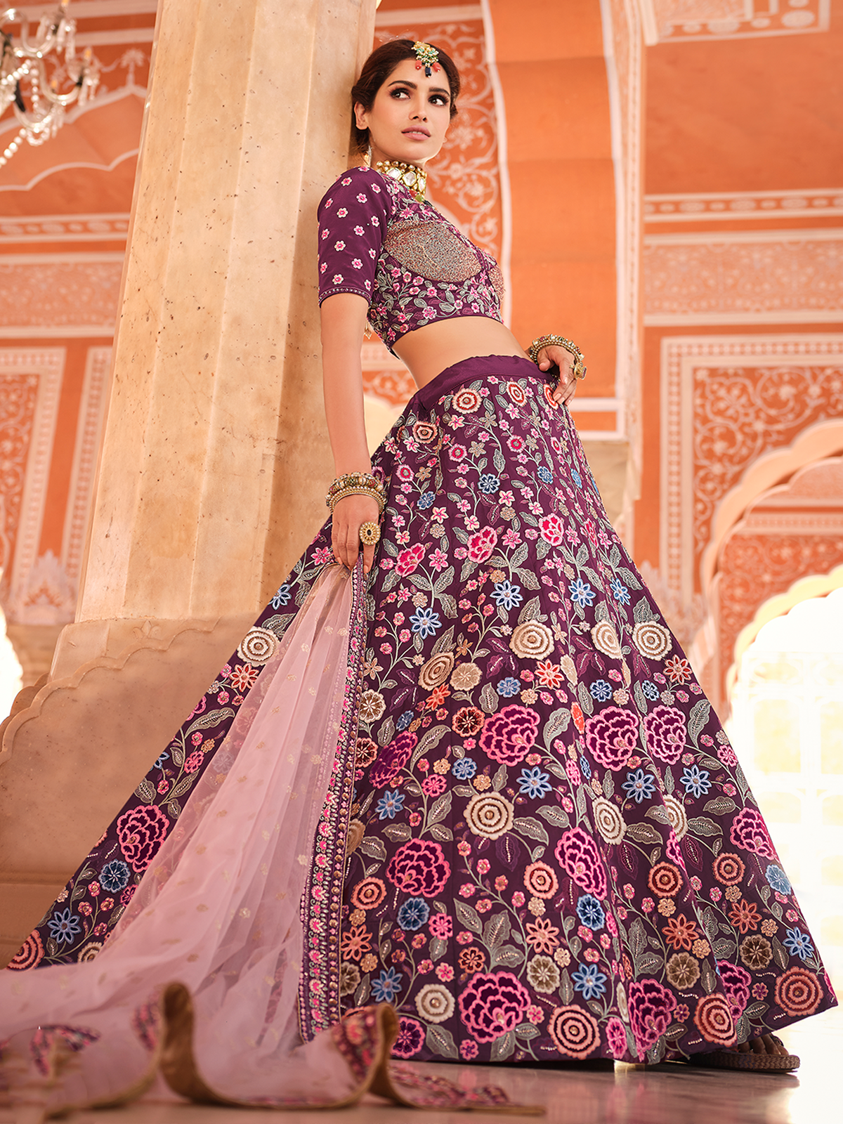 Purple Crepe Semi Stitched Lehenga With Unstitched Blouse