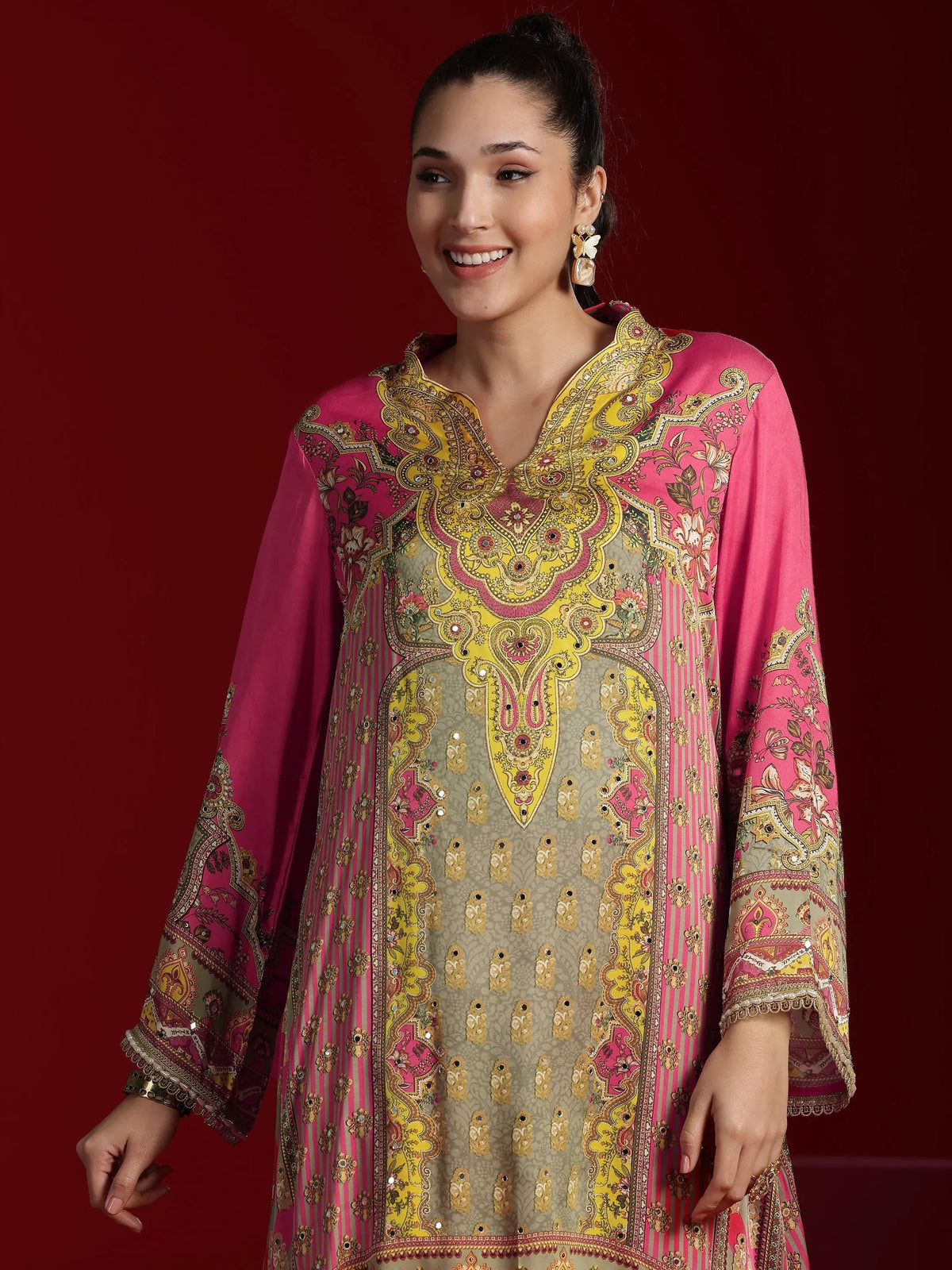Anouk Art Coral Printed Silk Blend Straight Kurta Dhoti Pants