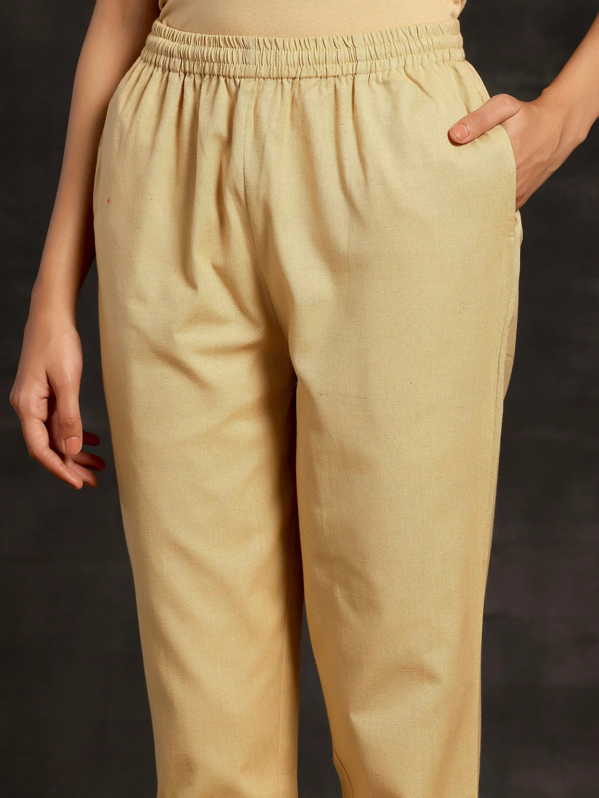 Anouk Cream Solid Cotton Straight Fit Trousers
