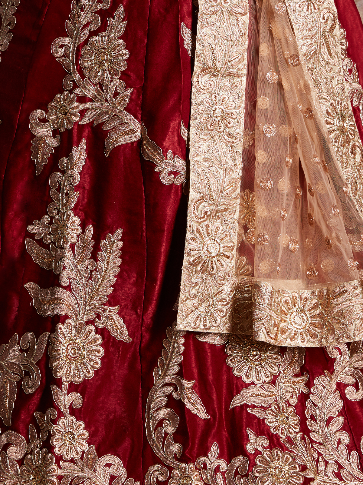 Maroon Embroidered Semi Stitched Lehenga With Unstitched Blouse