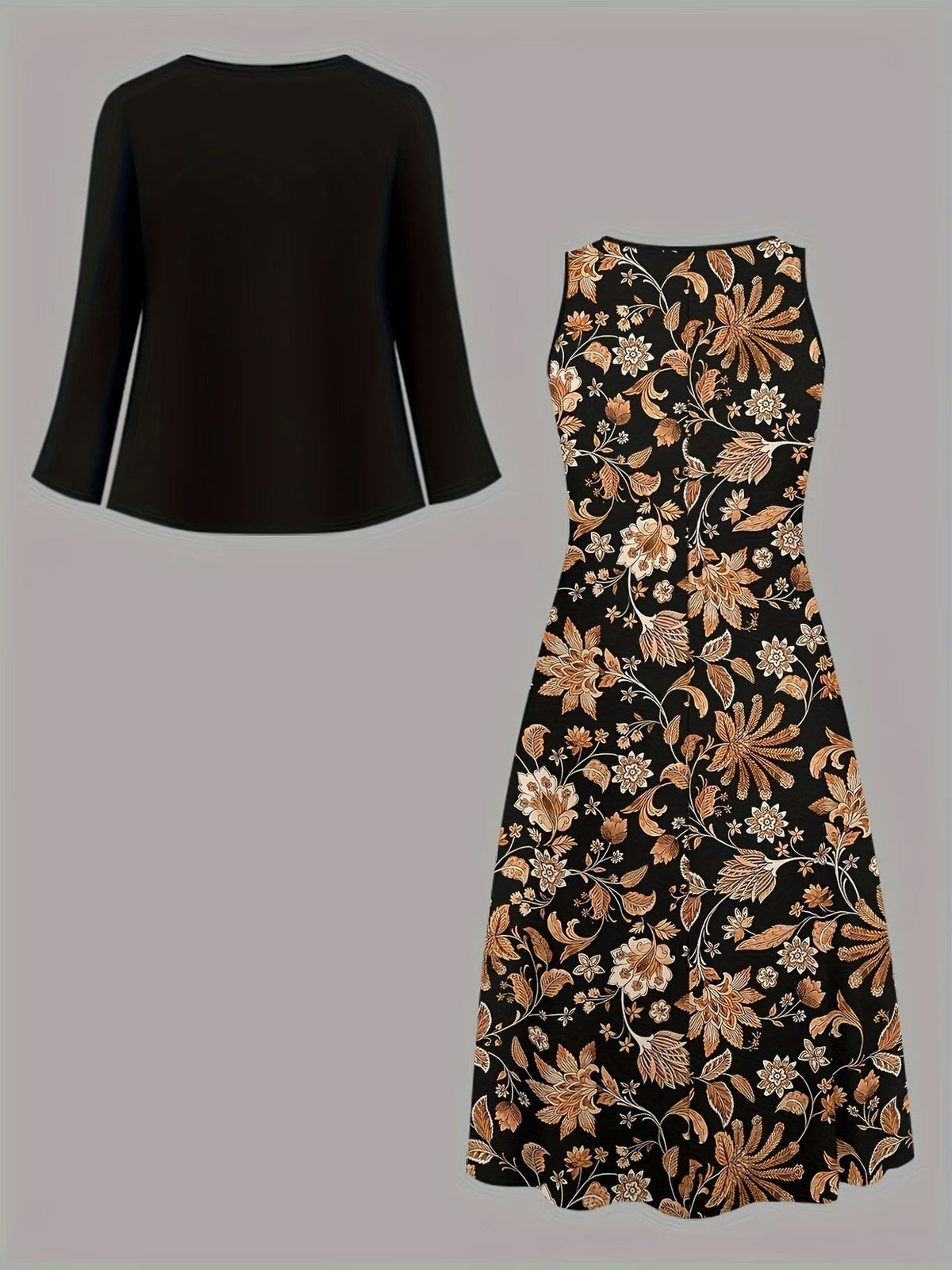 Elegant Layered Two-Piece Midi Dress Set with Tie-Front Cardigan – Flowy Printed Everyday & Occasion Wear