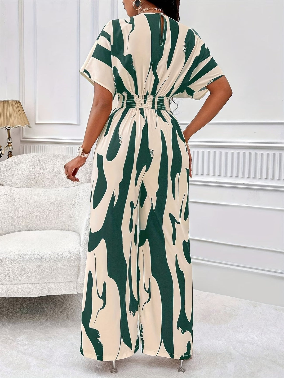 Women’s Color Block V-Neck Jumpsuit – Elegant Short Sleeve Wide-Leg One-Piece Outfit with Comfortable Waist Fit for Spring & Summer