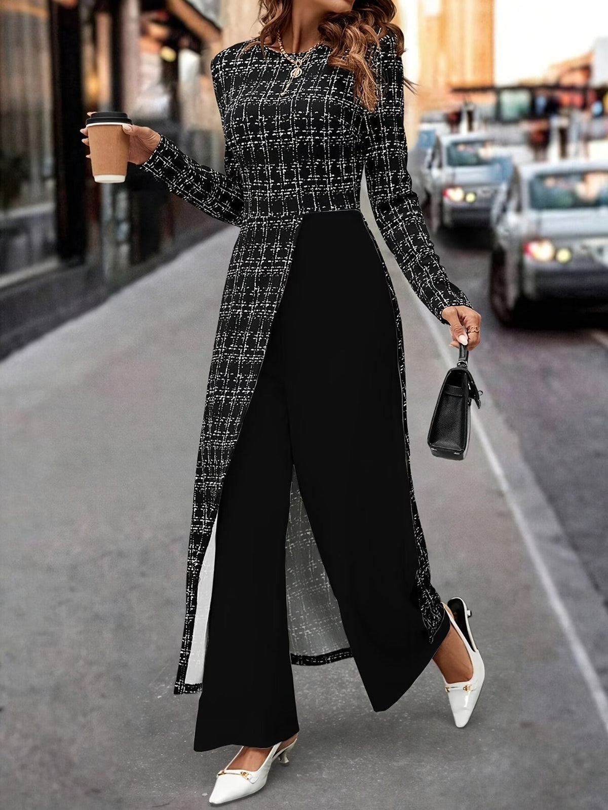 Chic Plaid Commuter Jumpsuit – Asymmetrical Design with Relaxed Straight-Leg Fit