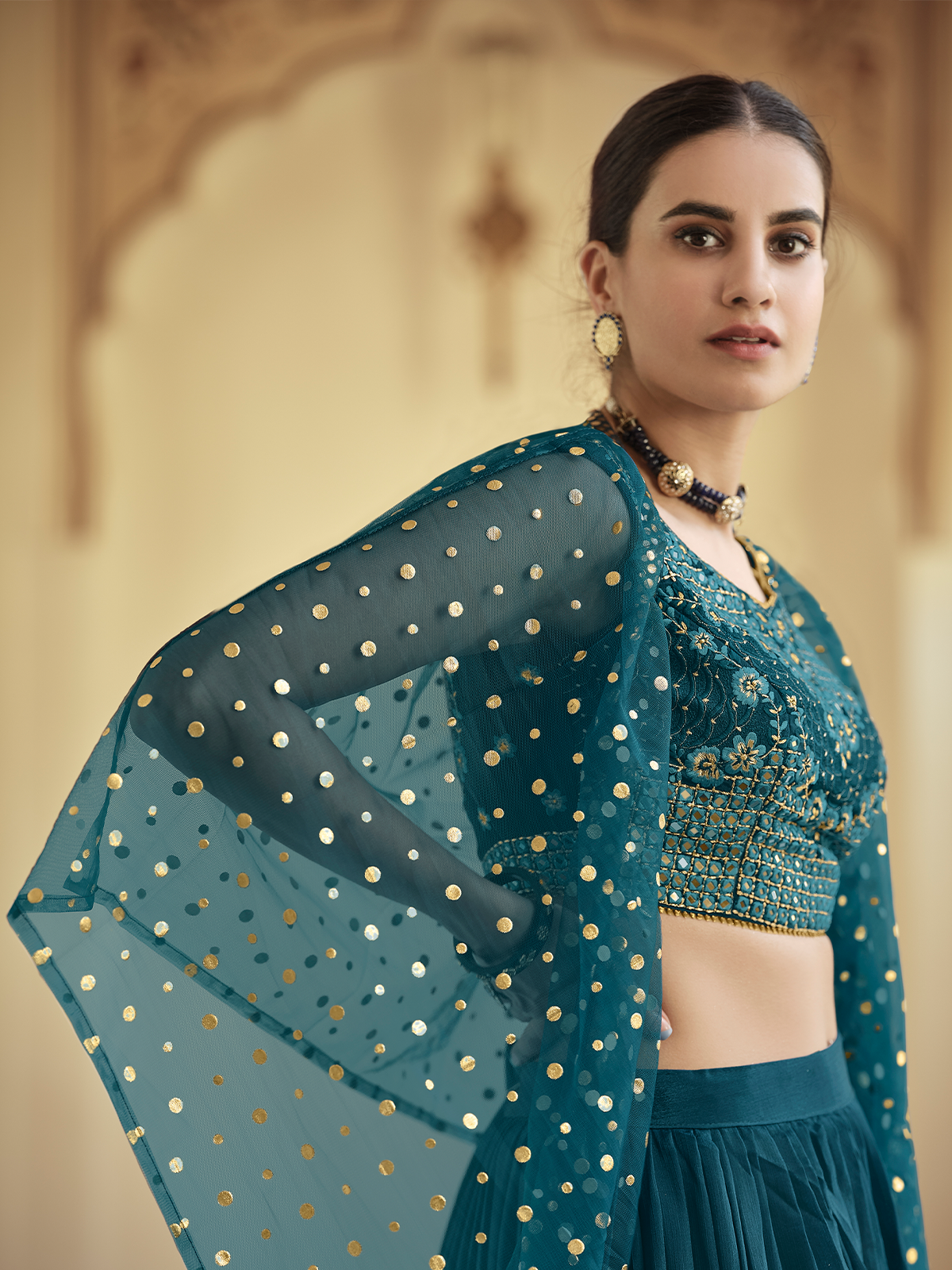 Teal Embroidered Crepe Semi Stitched Lehenga With Unstitched Blouse