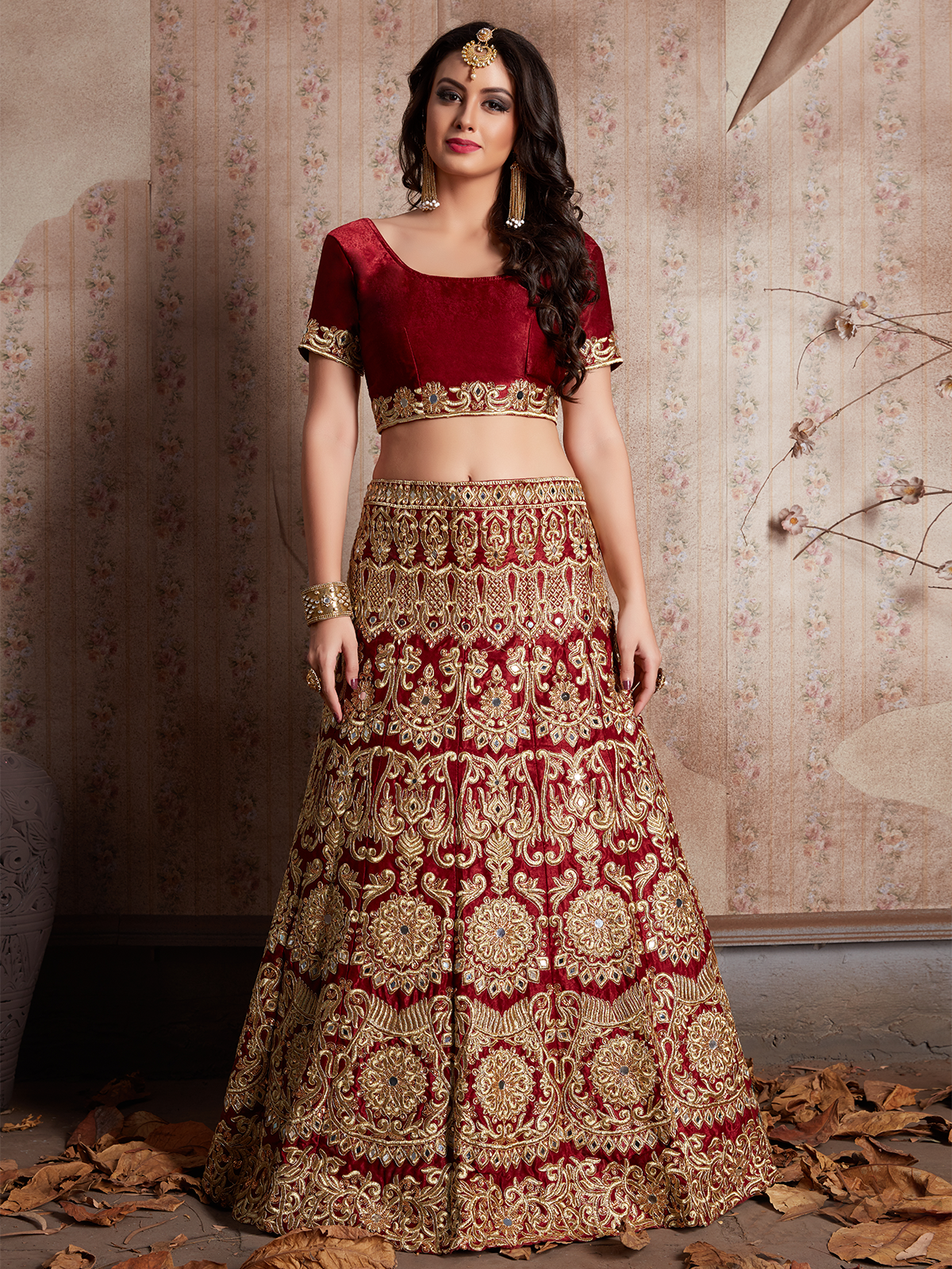 Maroon Embroidered Semi Stitched Lehenga With Unstitched Blouse