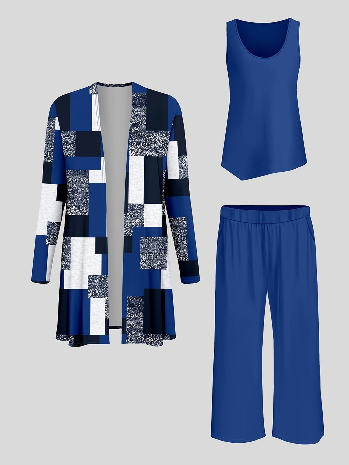 Elegant Printed Cardigan Jacket with Solid Inner Vest & Casual Long Pants – Stylish 3-Piece Women’s Set