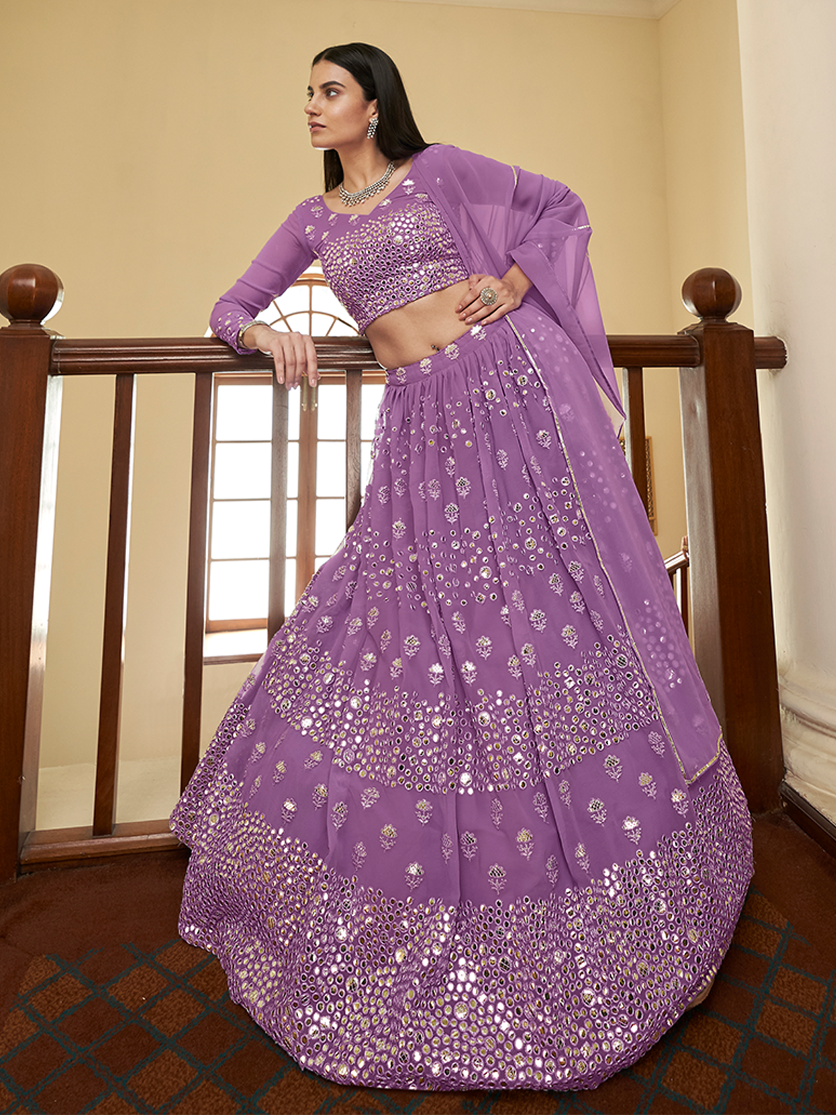 Purple Georgette Semi Stitched Lehenga With Unstitched Blouse