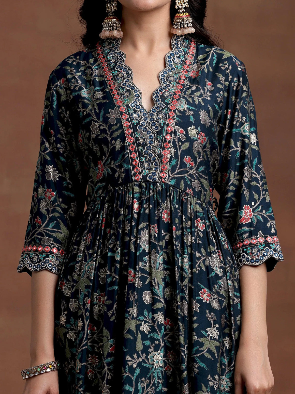 Anouk Blue Printed Silk Blend A-Line Kurta With Palazzos & Dupatta