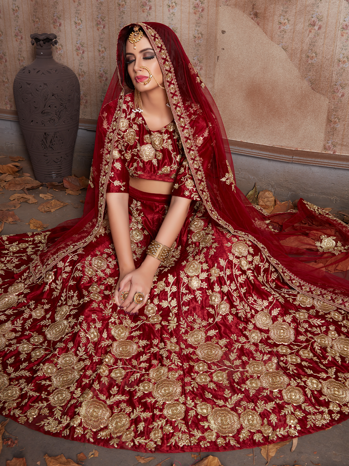 Maroon Embroidered Semi Stitched Lehenga With Unstitched Blouse
