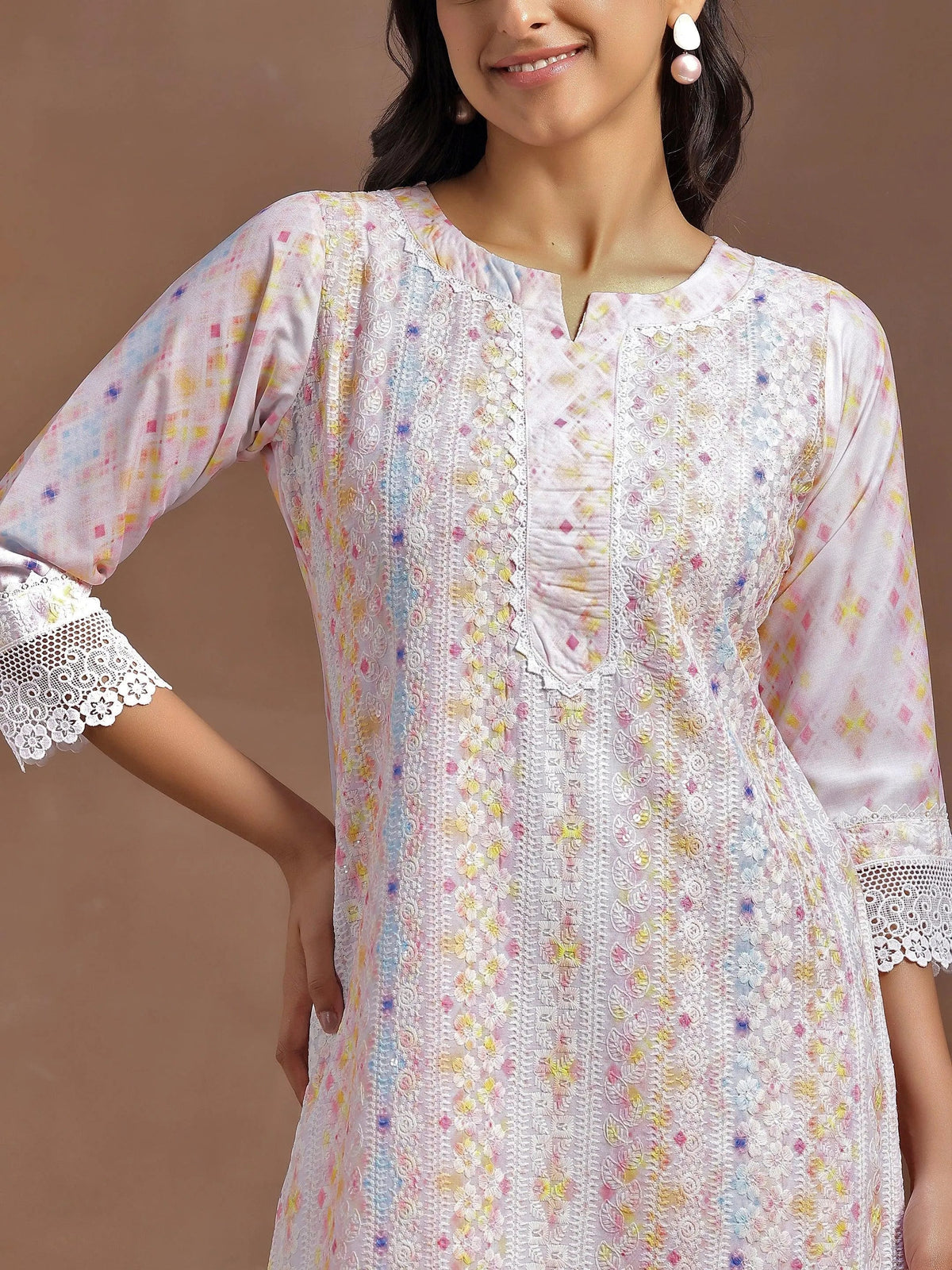 Anouk Peach Embroidered Cotton Blend Straight Suit With Dupatta