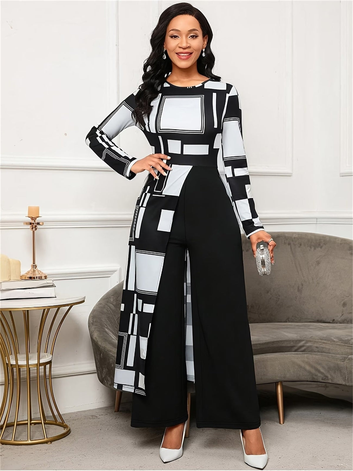 Chic Geometric Print Asymmetrical Jumpsuit – Long Sleeve Wide-Leg Elegant Commuter Wear