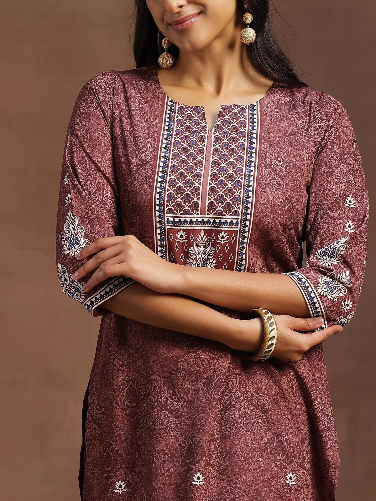 Anouk Brown Printed Poly Crepe Straight Kurta With Trousers