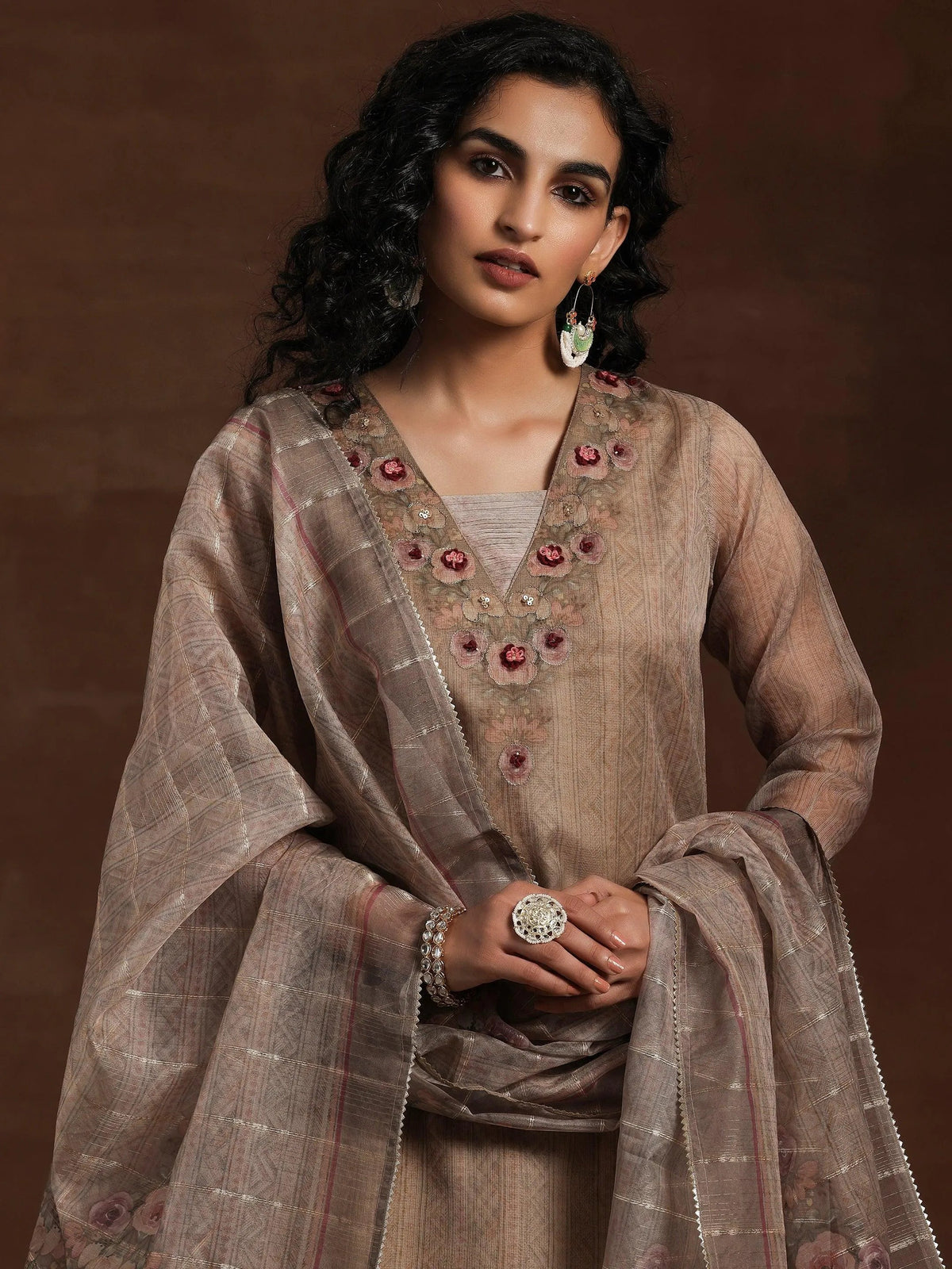 Anouk Tan Printed Organza Straight Suit With Dupatta