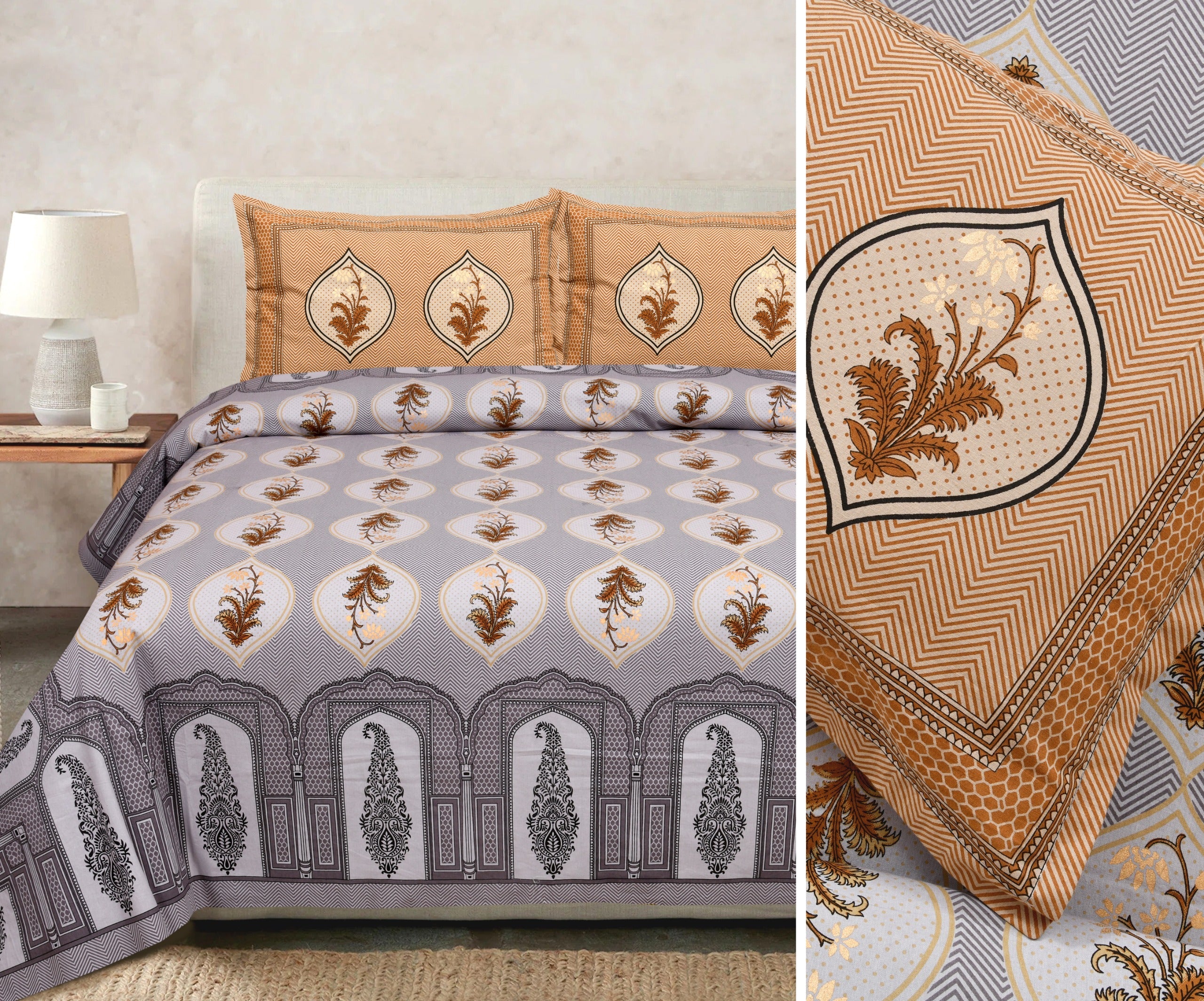 Gold Printed Cotton Bedsheet Set with Coordinating Pillow Covers