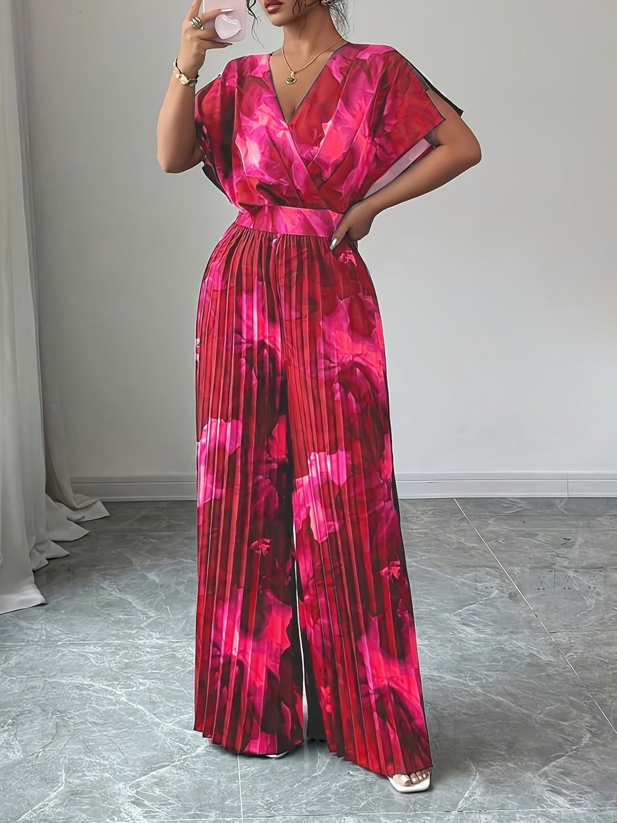 Elegant Women’s Batwing Sleeve Jumpsuit – V-Neck Abstract Print Wide-Leg Summer Outfit