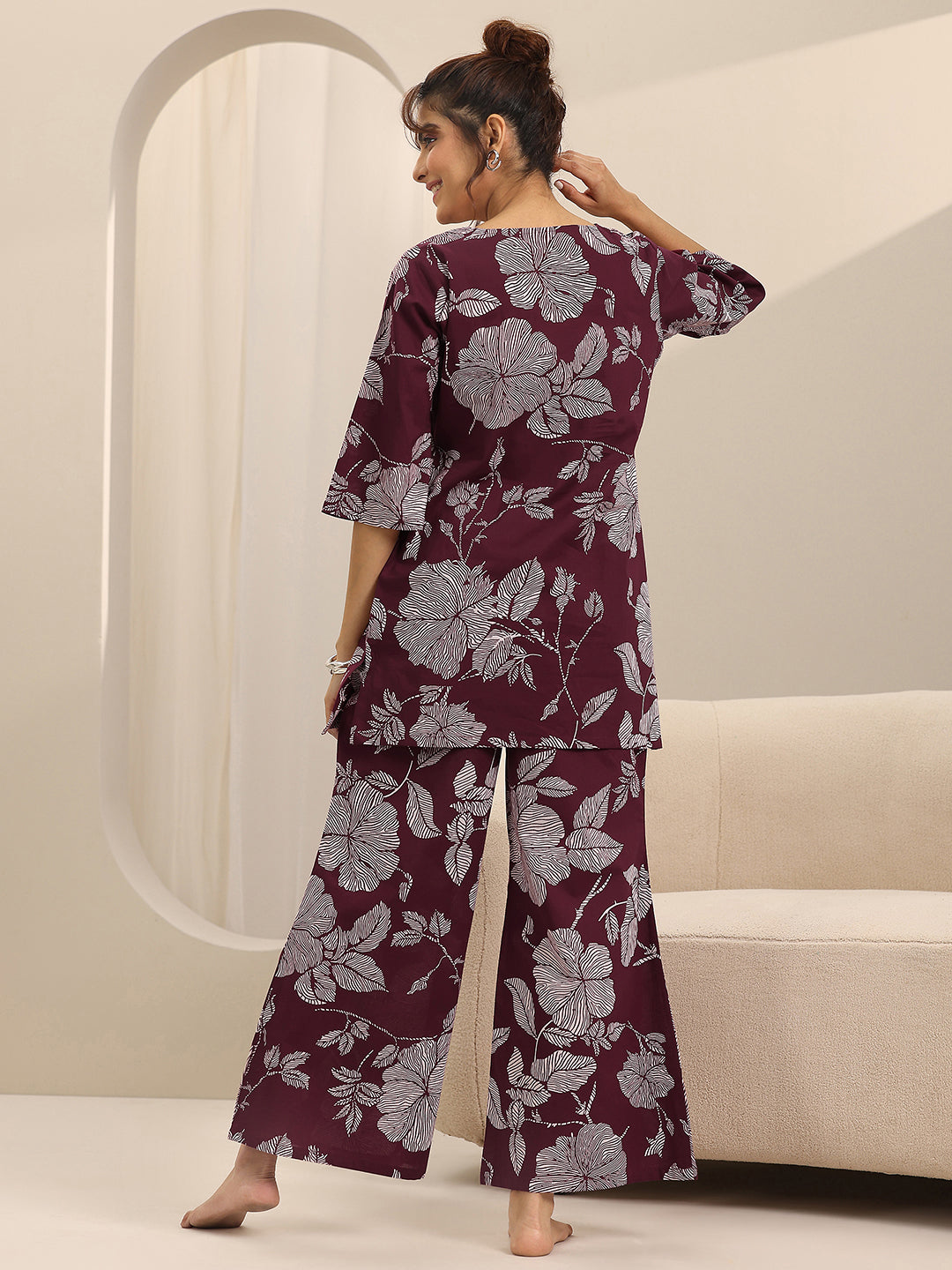 Anouk Burgundy Printed Cotton Night Suits