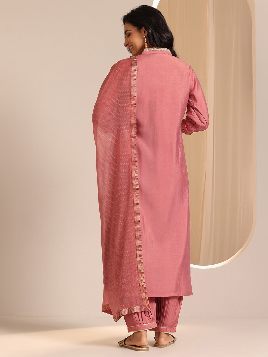 Anouk Peach Solid Silk Blend Straight Suit Set With Dupatta