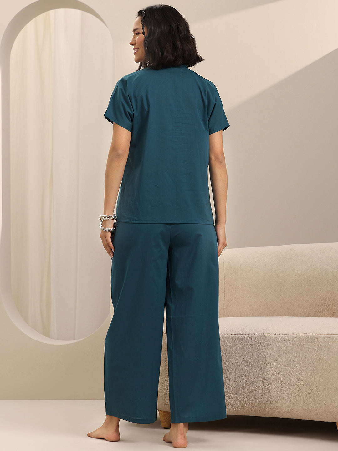 Anouk Teal Solid Cotton Night Suits