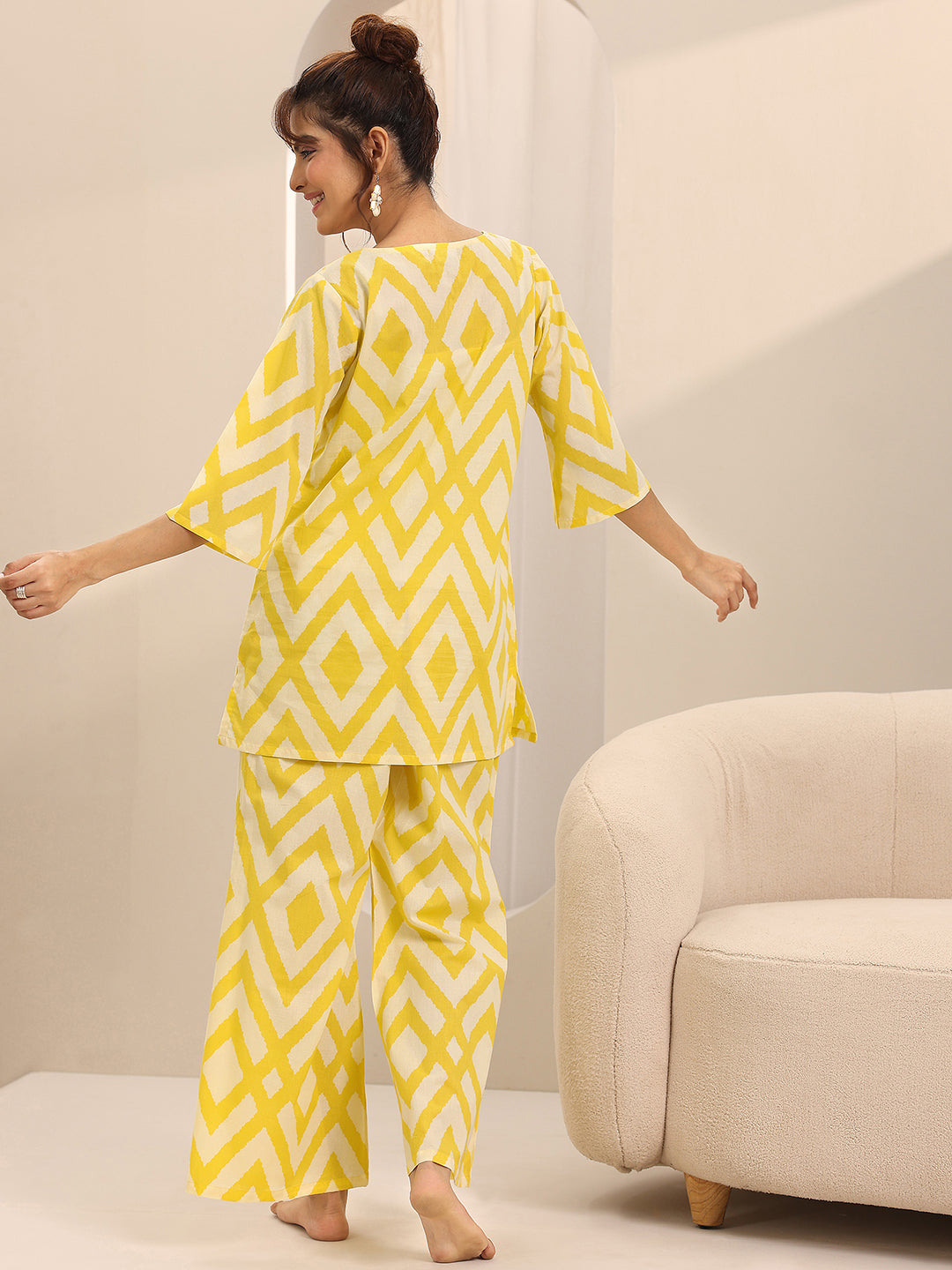 Anouk Yellow Printed Cotton Night Suits