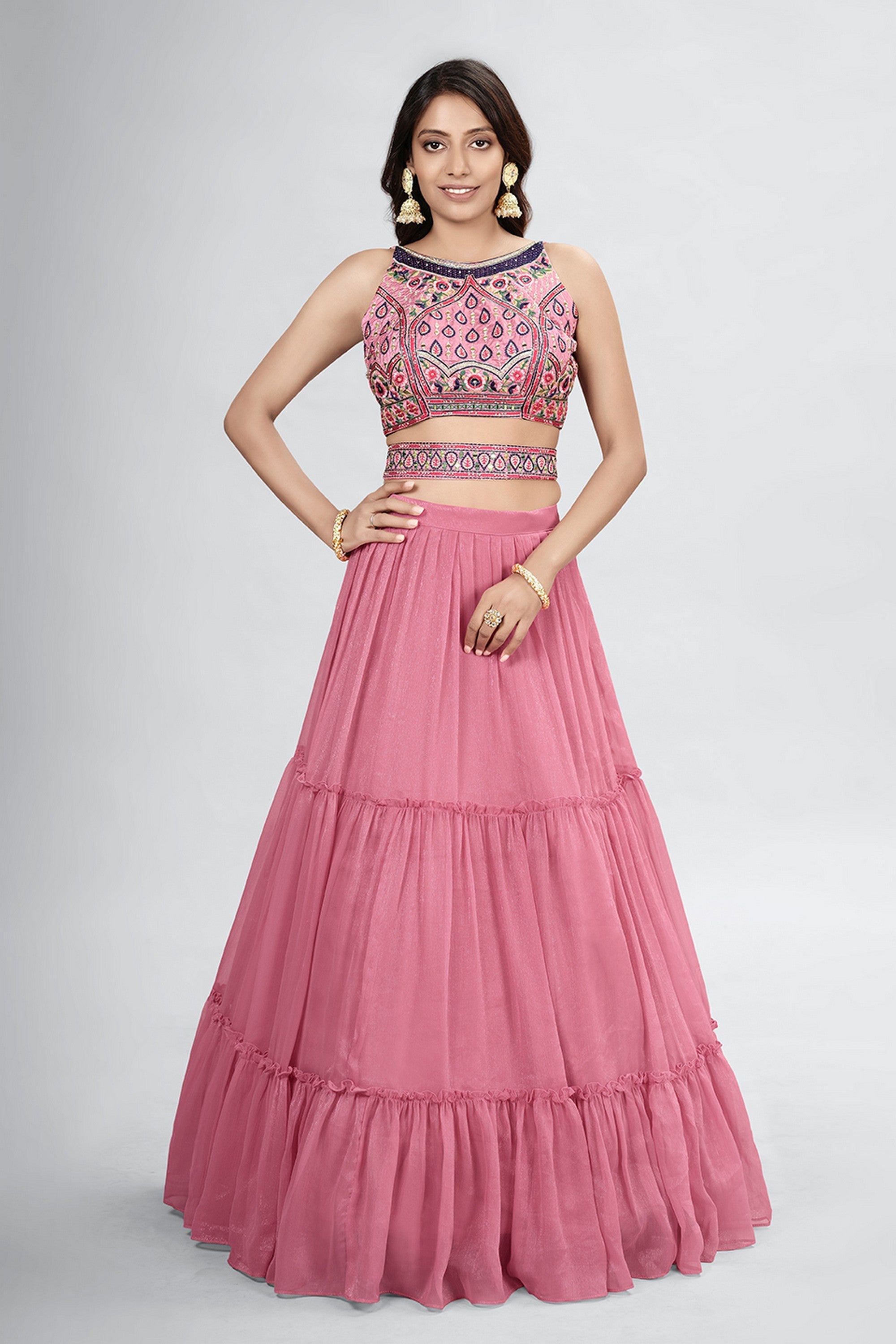 Pink Pakistani Art Silk Lehenga Choli For Indian Festivals & Weddings - Thread Embroidery Work,