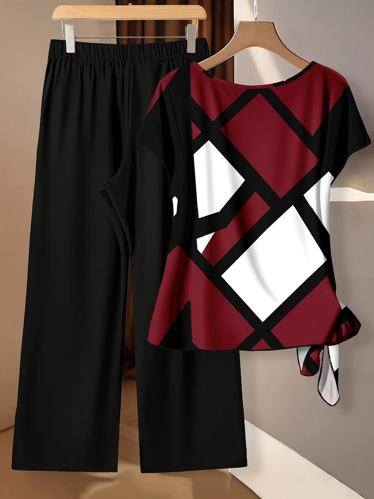 Women's Floral Print Tie-Front Shirt & Wide-Leg Pants Two-Piece Set