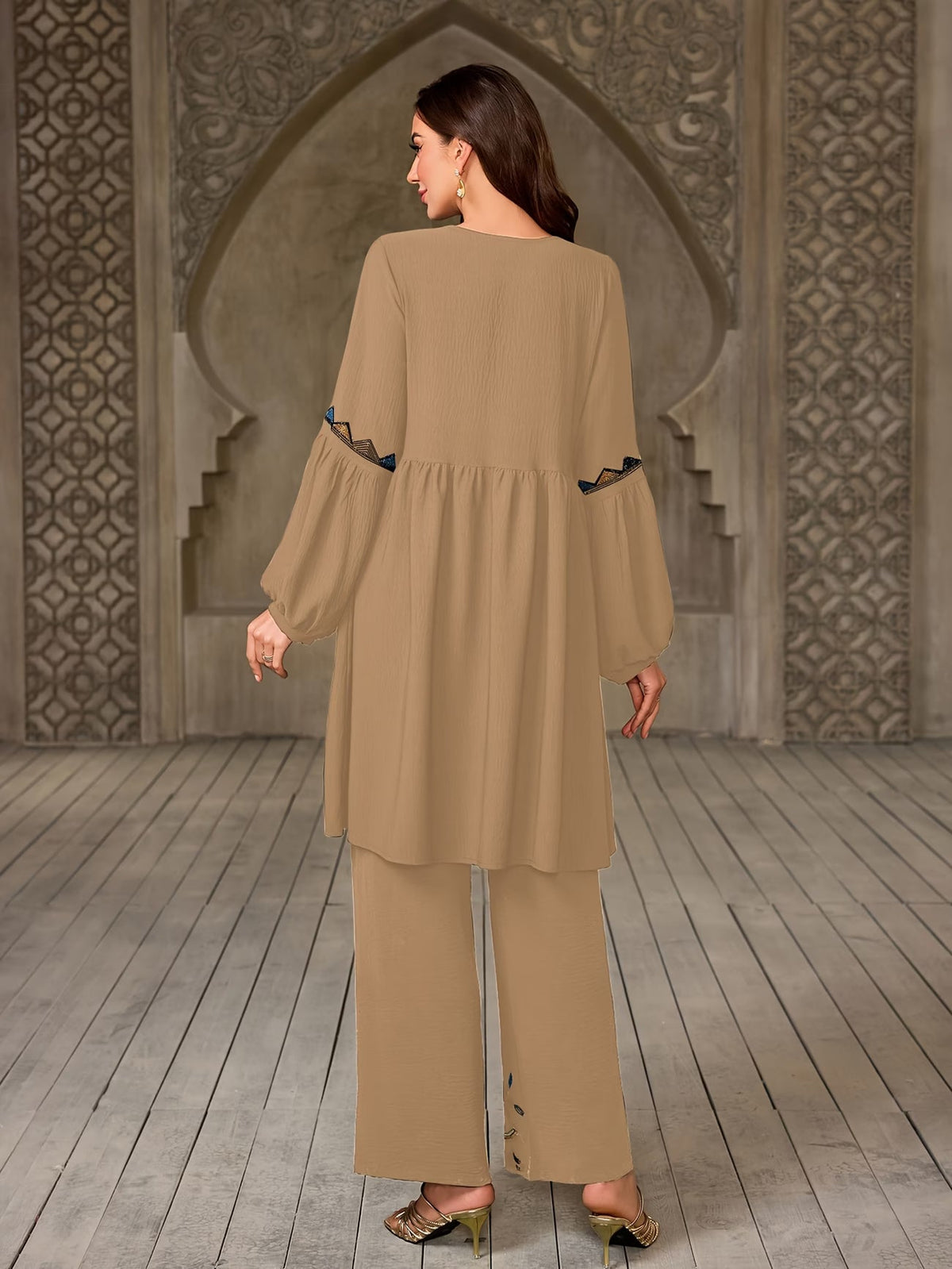 Women's Elegant Rhinestone Detail Long Sleeve Top & Wide-Leg Pants Set