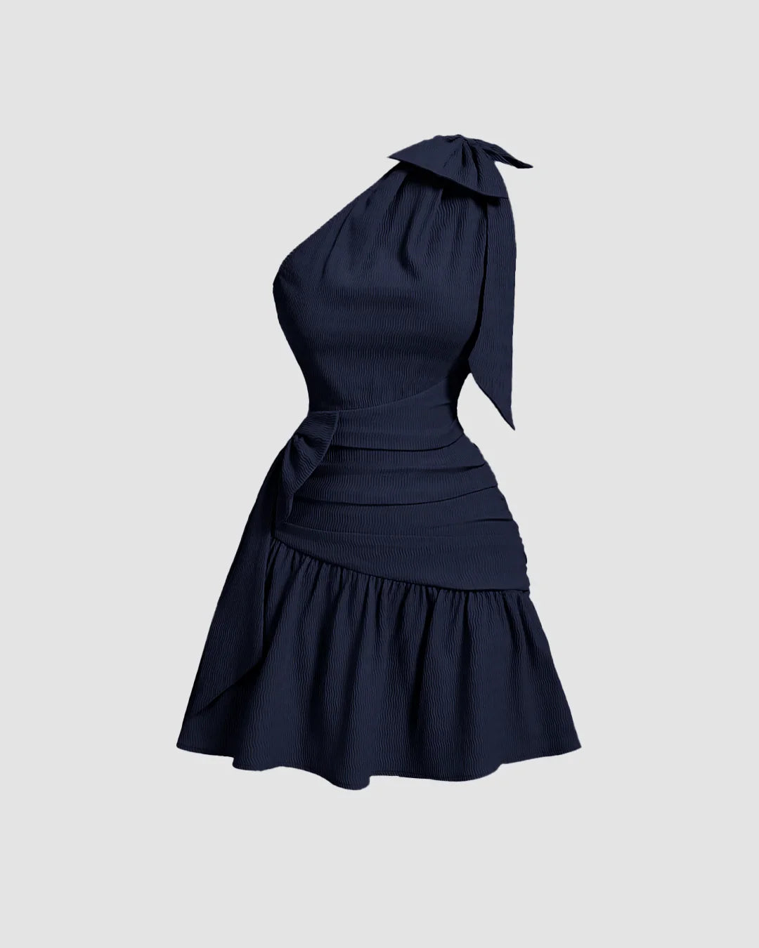 Asymmetrical Neck Bow Tie Cropped Waist Mini Dress In Navy Blue