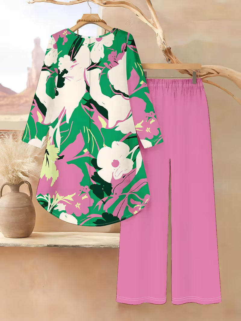 Women’s Long-Sleeve Floral Suit – Light Red Flowers on Gray, Casual & Vacation Wear