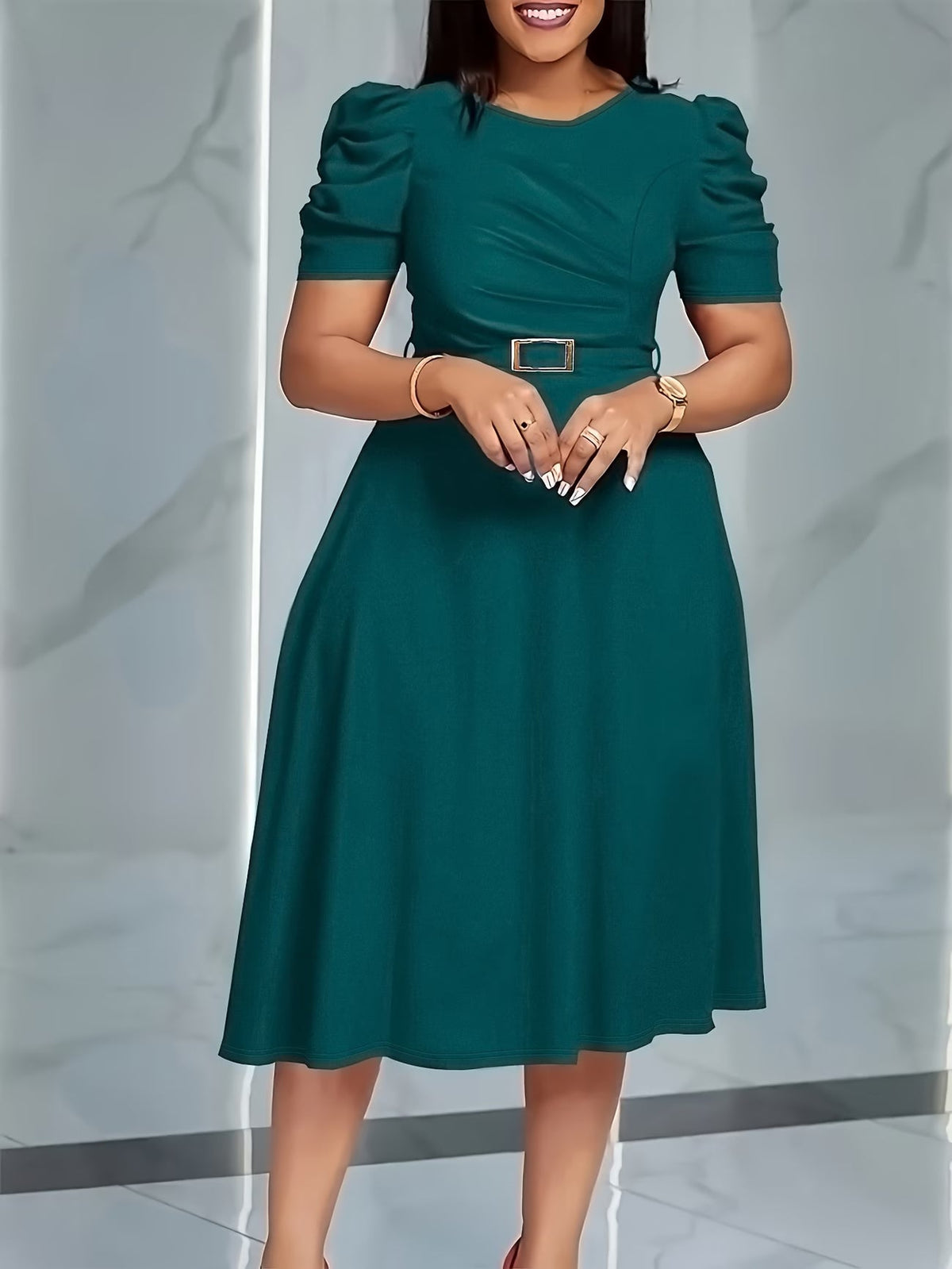 Women's Elegant V-Neck Ruffle Midi Dress with Waist Belt