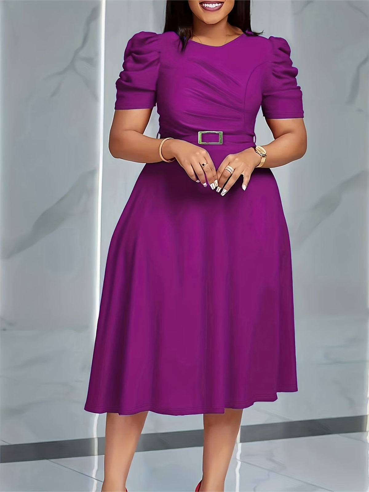Women's Elegant V-Neck Ruffle Midi Dress with Waist Belt