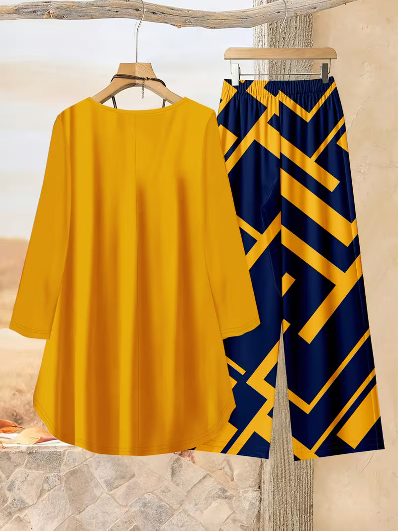 Plus Size Women’s Loose Net Color Top & Printed Pants Set – 2pcs Casual Outfit