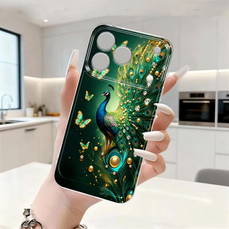 Luxury Golden Peacock Feather Glass Case for iPhone 📱✨