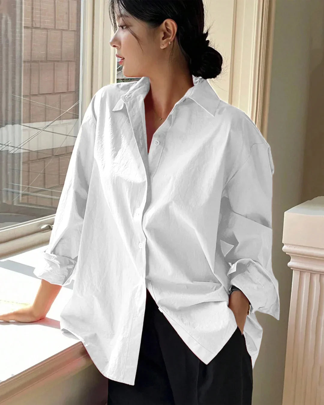 Relaxed Fit White Collared Shirt with Drop Shoulders