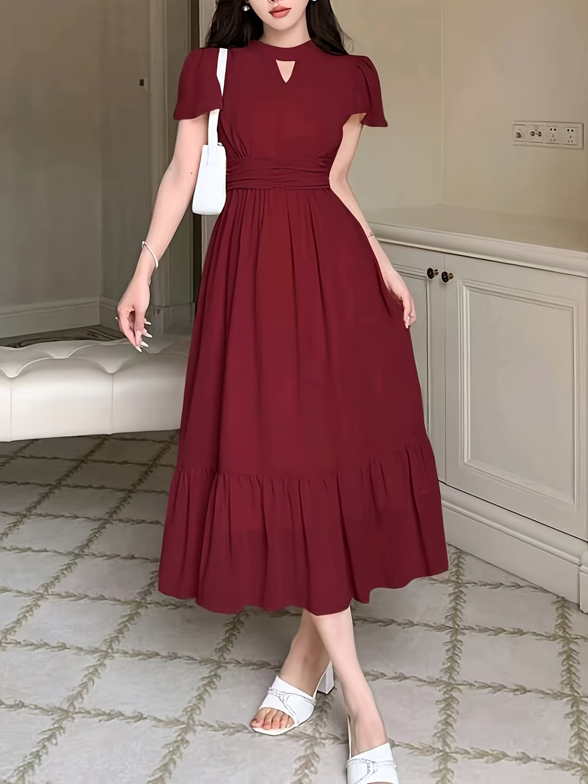 Women's Elegant Pleated Waist Ruffle Hem Maxi Dress