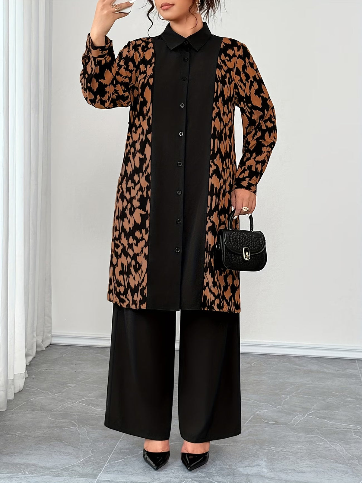 Women's Elegant Patchwork Cardigan, Mid-Length Shirt & Straight-Leg Trousers Set