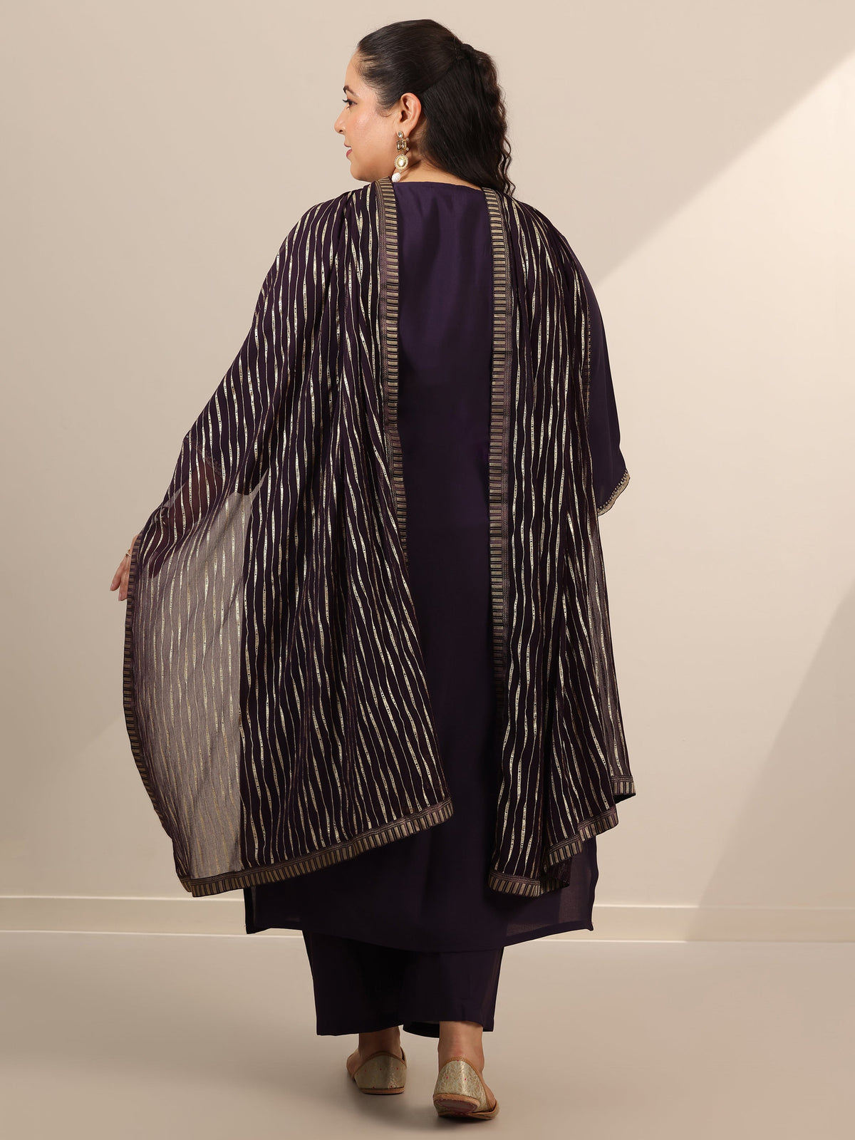 Plus Size Purple Yoke Design Silk Blend Straight Suit Set With Dupatta