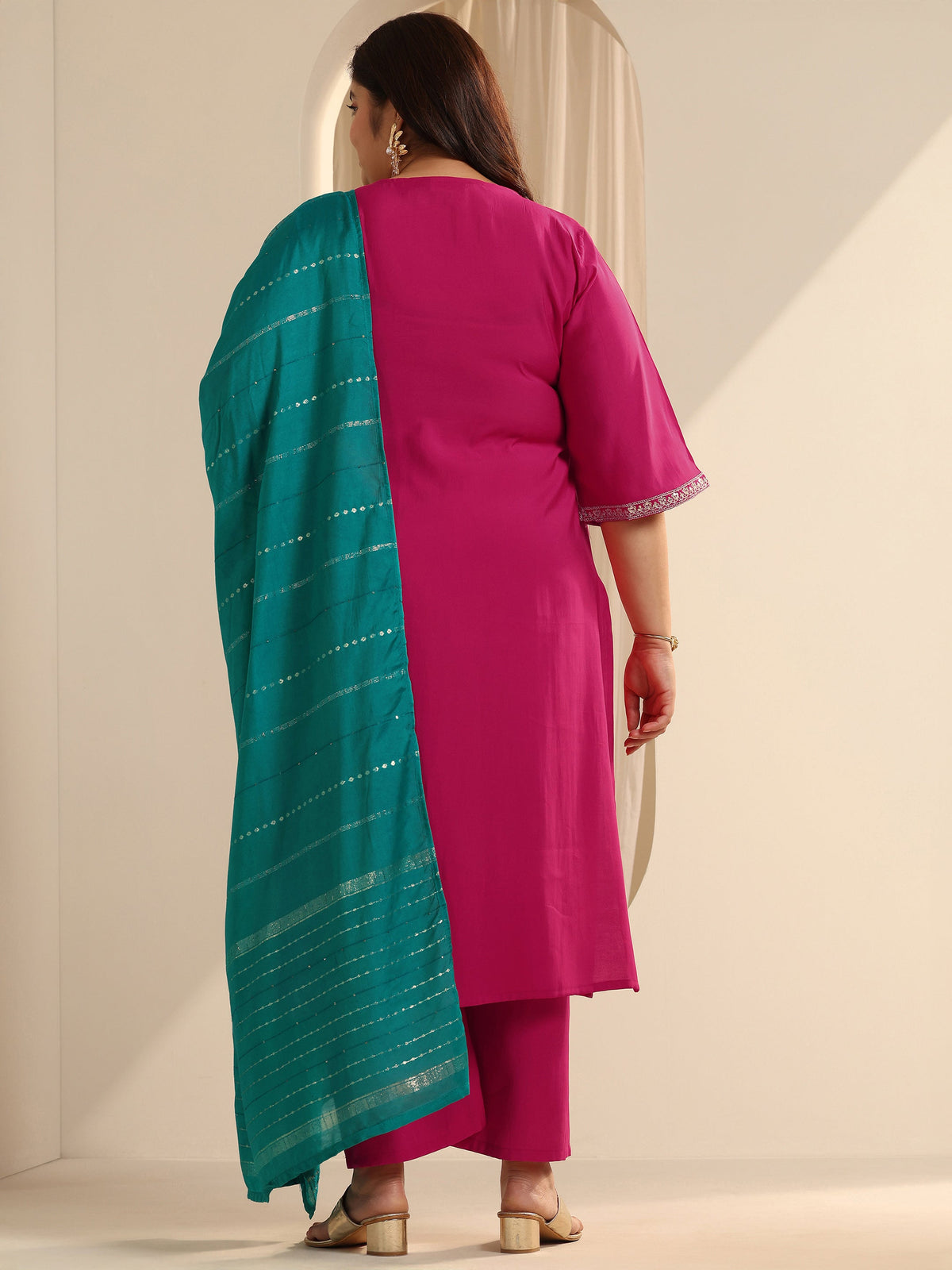 Plus Size Pink Yoke Design Silk blend Straight Suit Set With Dupatta