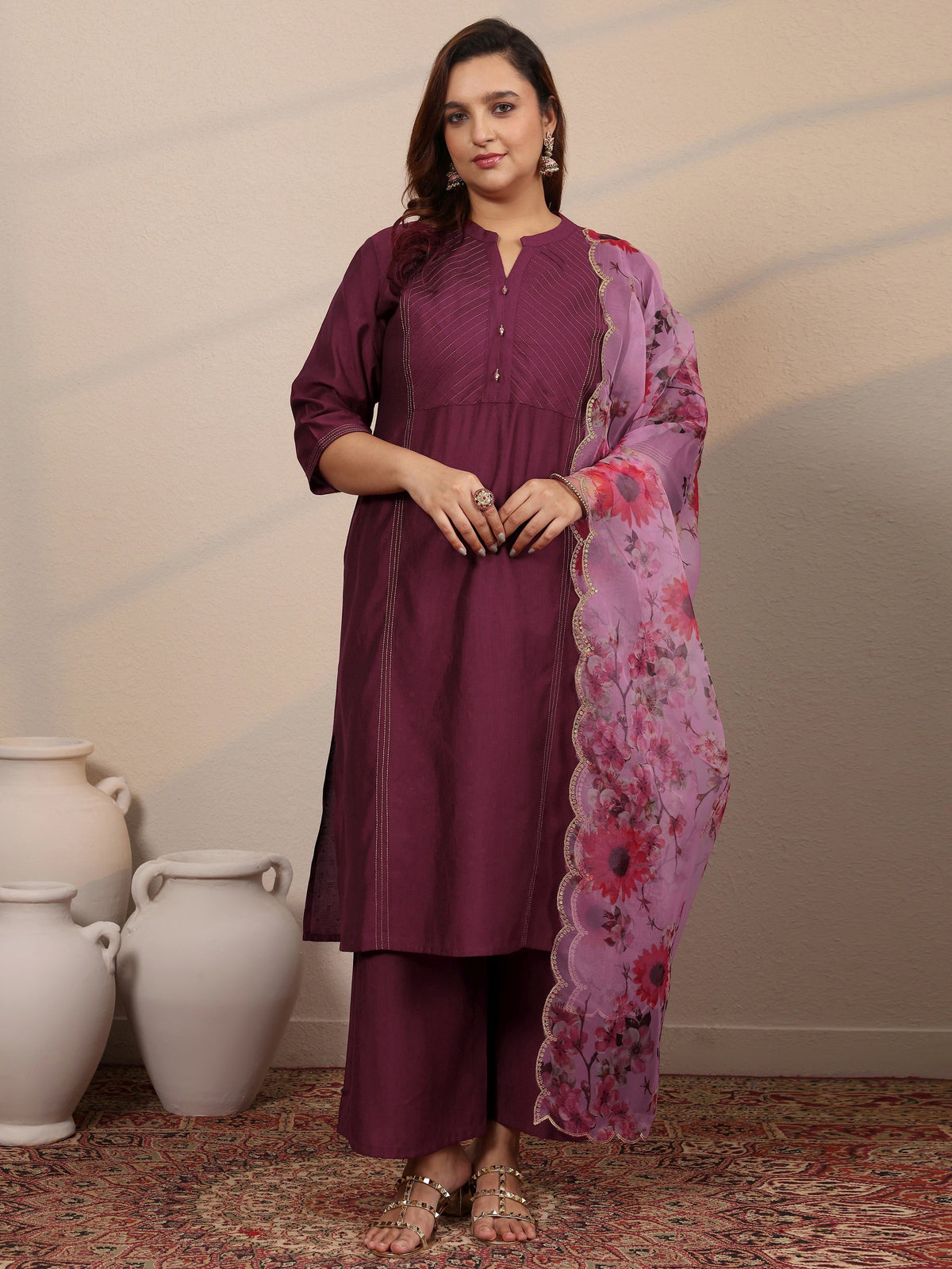 Plus Size Burgundy Woven Design Silk Blend Straight Suit Set With Dupatta
