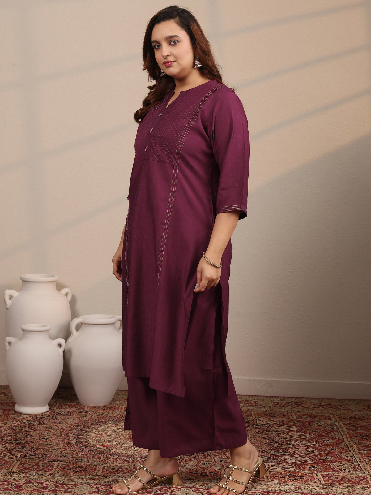 Plus Size Burgundy Woven Design Silk Blend Straight Suit Set With Dupatta