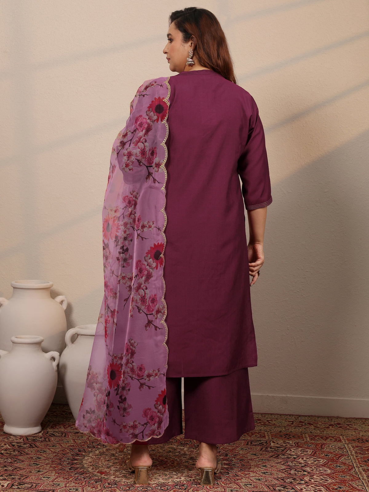 Plus Size Burgundy Woven Design Silk Blend Straight Suit Set With Dupatta