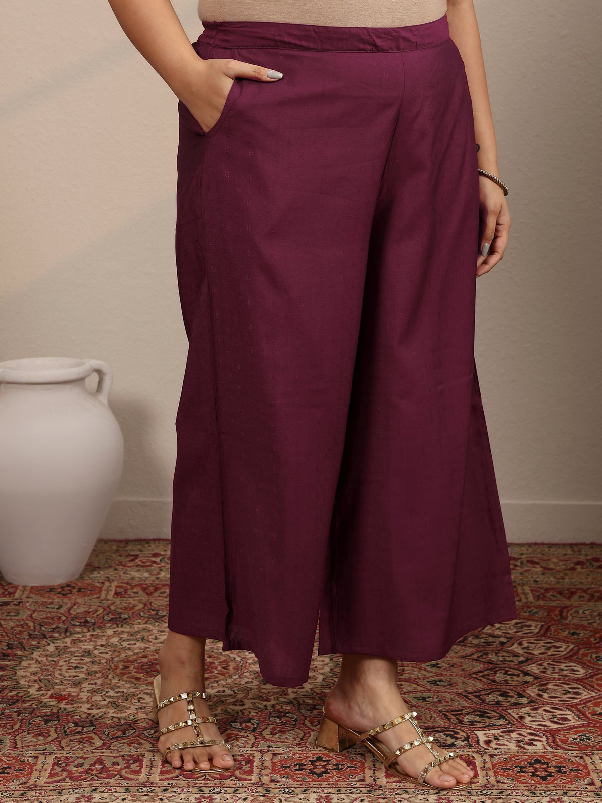 Plus Size Burgundy Woven Design Silk Blend Straight Suit Set With Dupatta